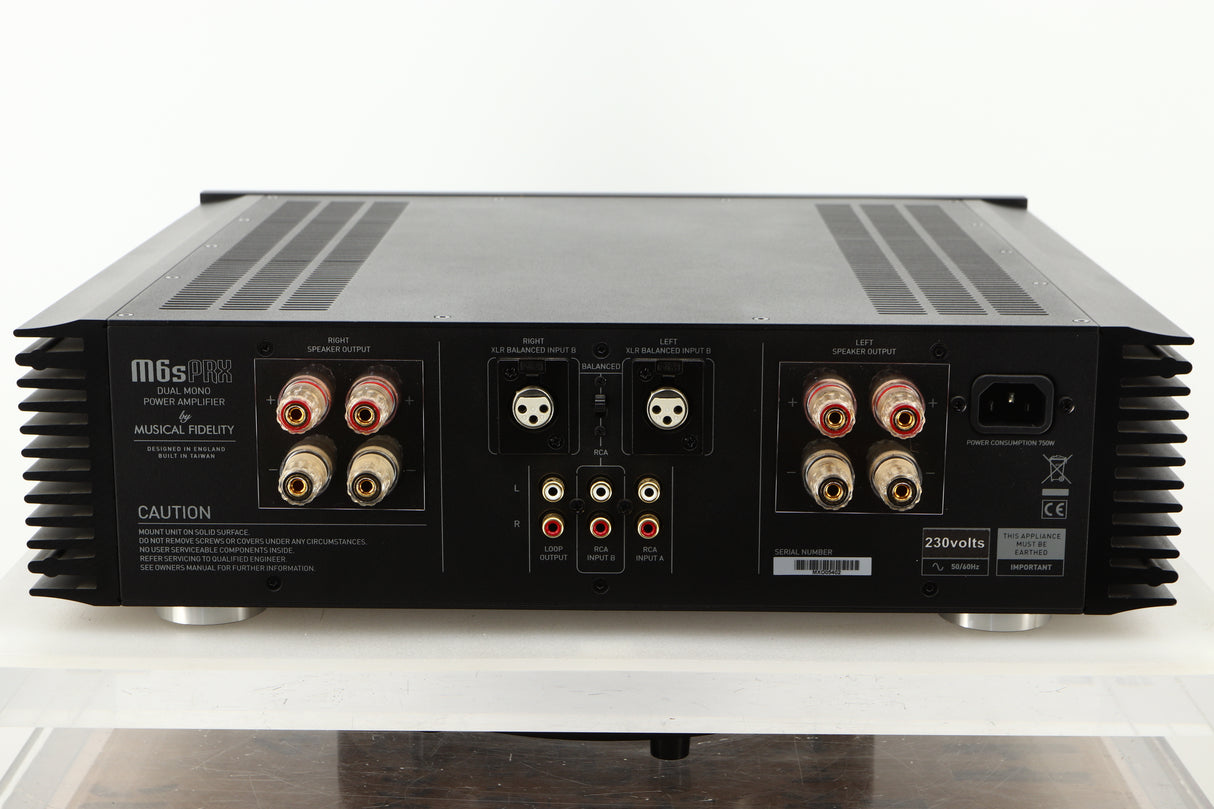 Rear view of a used Musical Fidelity M6PRX Power Amplifier in Black finish