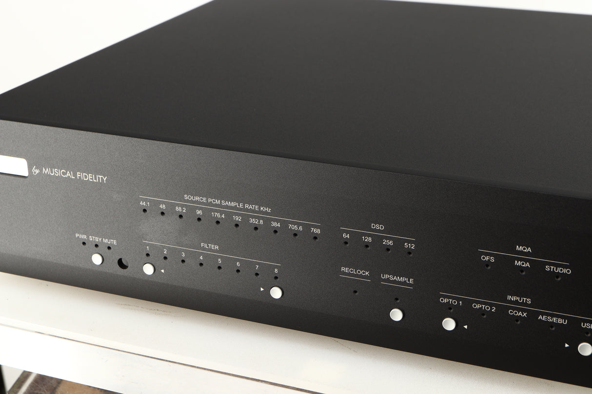 Close up of a used Musical Fidelity M6X DAC in a black finish showing light patch on fascia