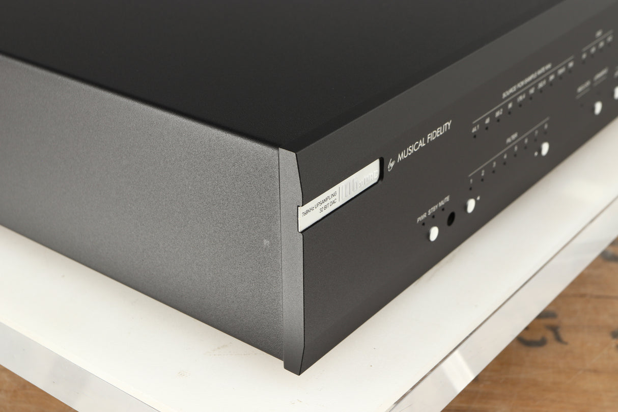Front left corner of a used Musical Fidelity M6X DAC in a black finish