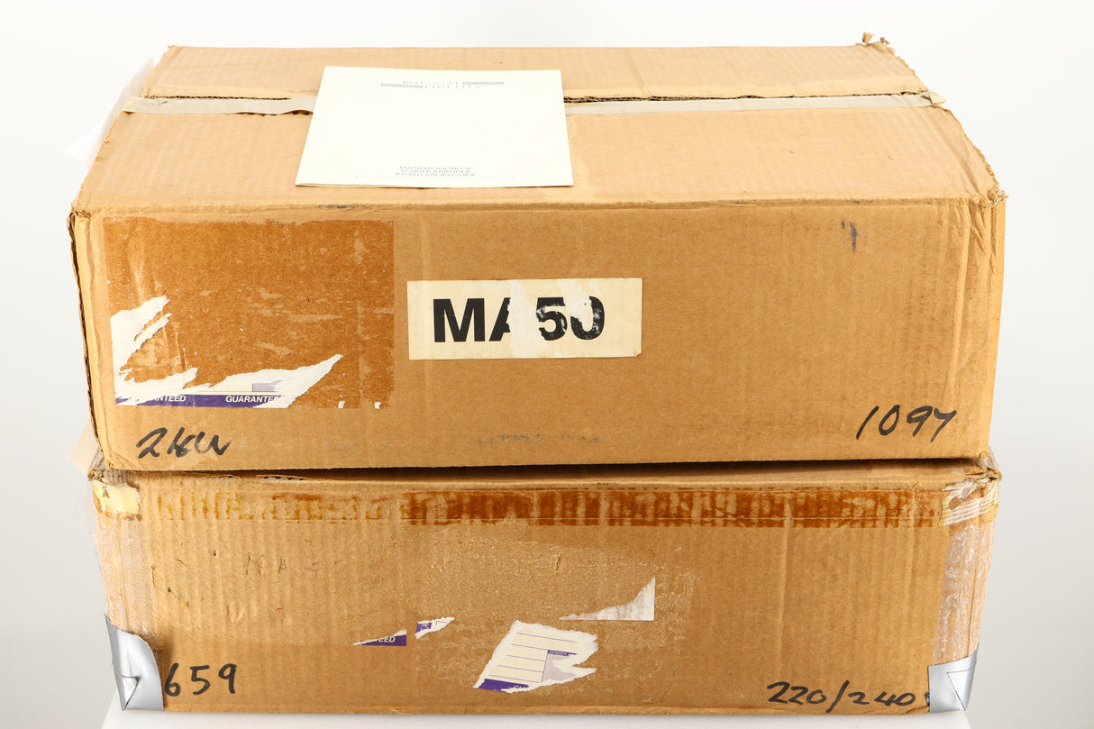 Box of a pair of used Musical Fidelity MA50 Class A Monoblock Power Amplifiers in Black finish showing the manual