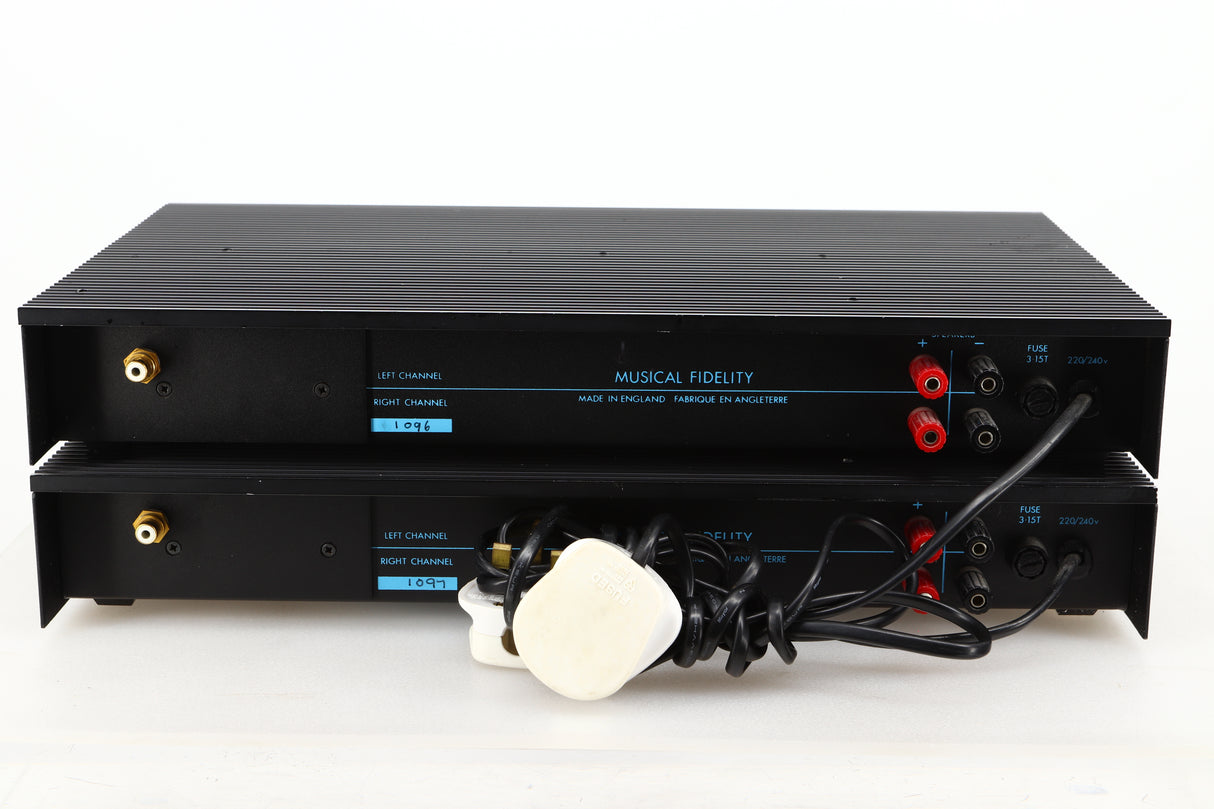 Rear view of a pair of used Musical Fidelity MA50 Class A Monoblock Power Amplifiers in Black finish showing speaker outputs and RCA input