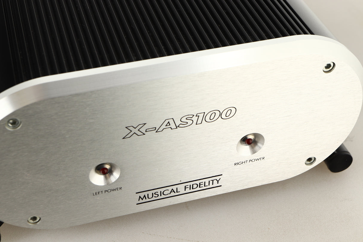 Close up view of a used Musical Fidelity X-AS100 Power Amplifier