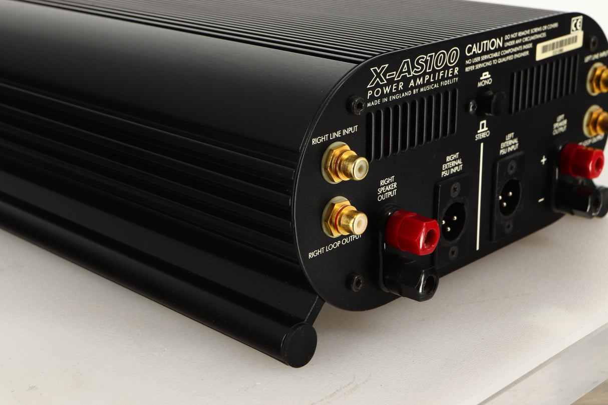 Rear left corner view of a used Musical Fidelity X-AS100 Power Amplifier