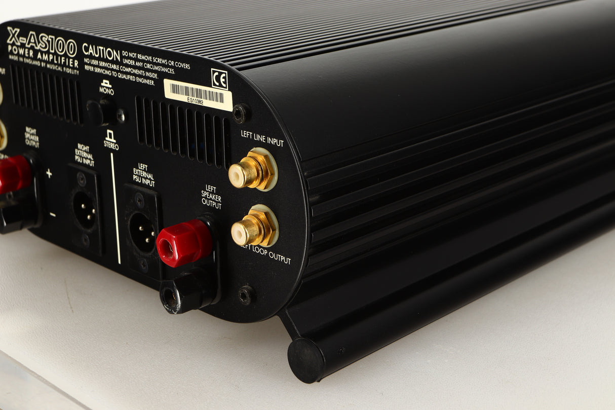 Rear right corner view of a used Musical Fidelity X-AS100 Power Amplifier