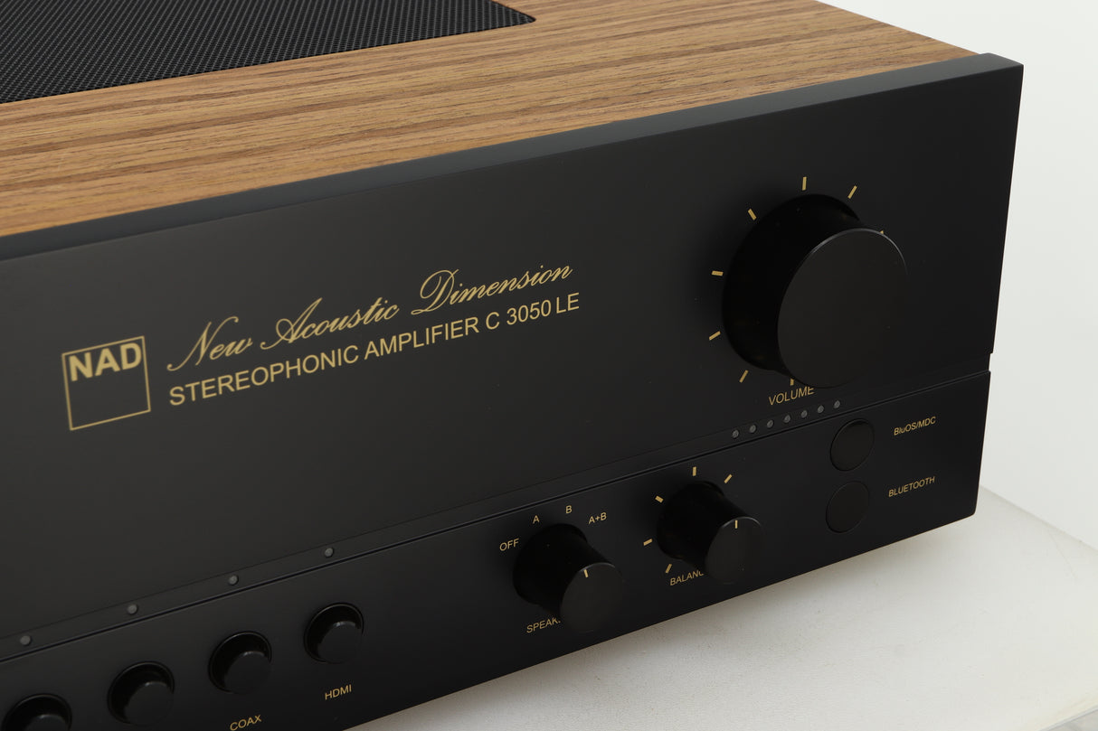 Close up view of the right side of the fascia of a used NAD C3050 LE Integrated Amplifier