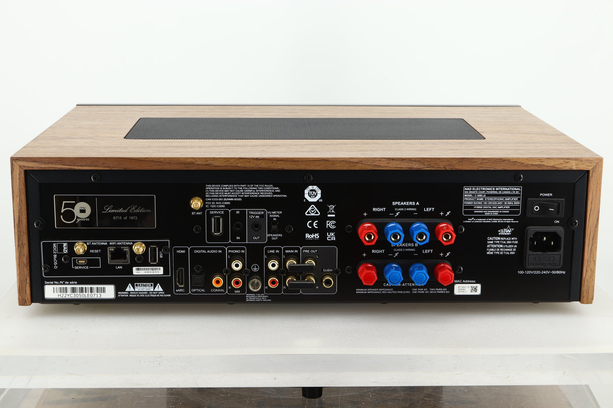 Back view of a used NAD C3050 LE Integrated Amplifier showing RCA inputs, Mains input, speaker outputs, ethernet input, HDMI input, optical input