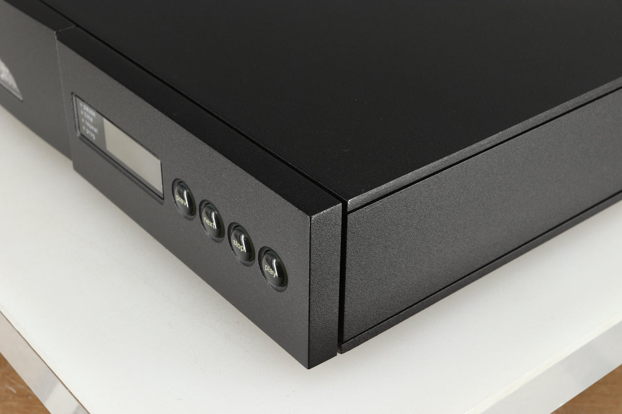 Front right corner of a used Naim CD5 CD Player in a black finish