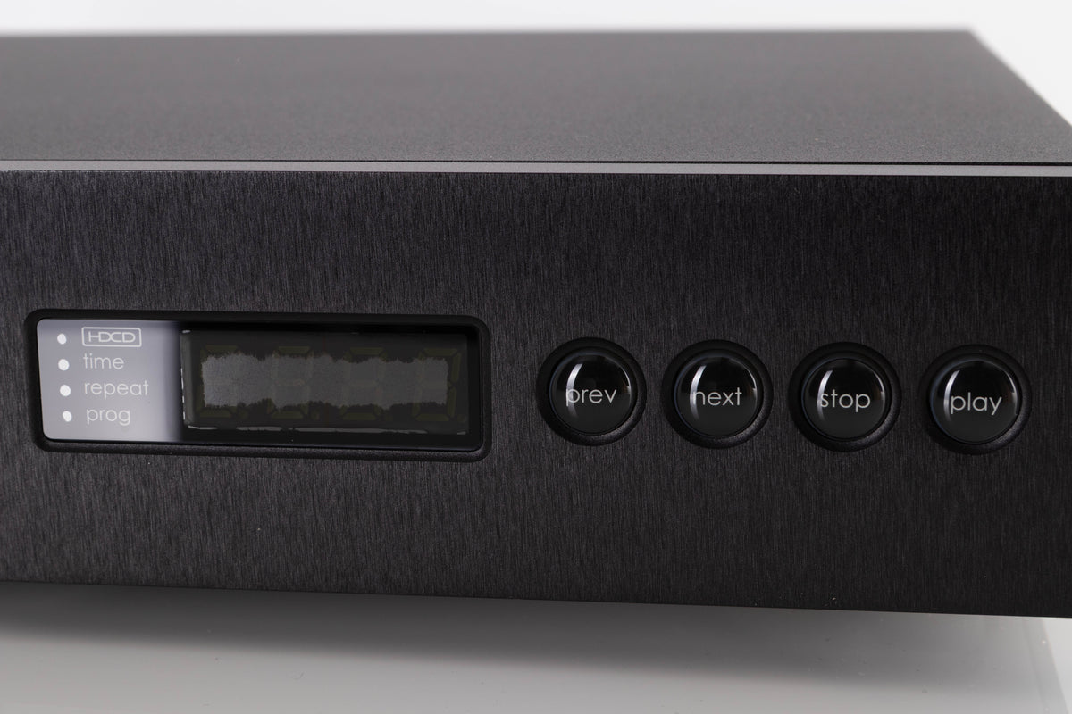 Close up of a used Naim CD5 XS CD Player in a Black finish showing screen mostly blacked out