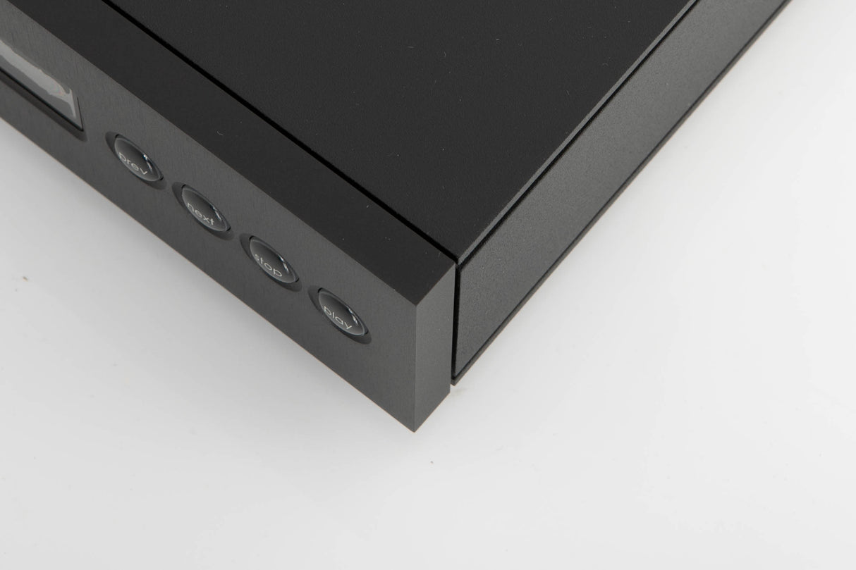 Front right corner of a used Naim CD5 XS CD Player in a black finish