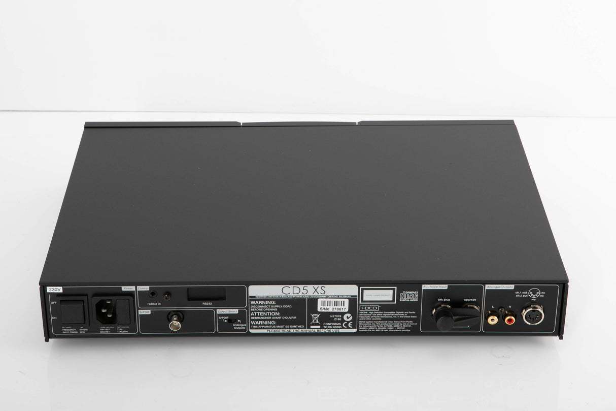 Rear view of a used Naim CD5 XS CD Player in a black finish showing Mains Input, Phono Outputs and Analogue Outputs