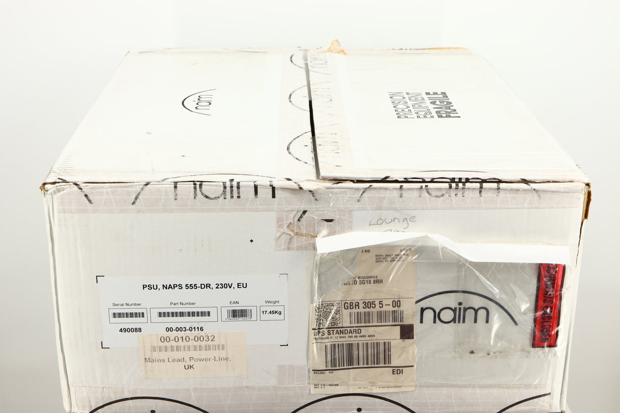 Box for a used Naim CD555PS DR Power Supply in a black finish