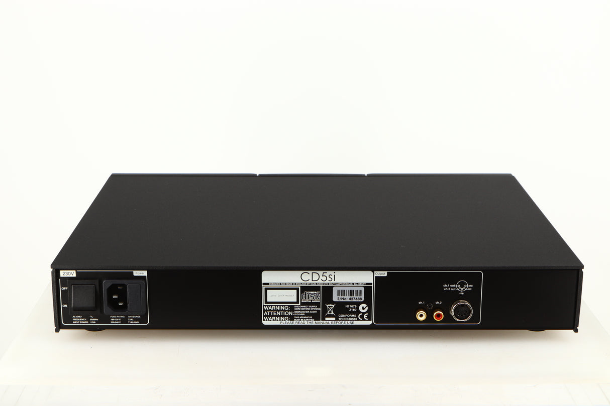 Rear view of a used Naim CD5si CD Player in a black finish showing Mains Input and Channel Output