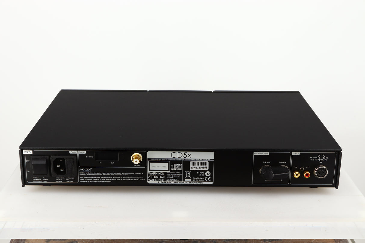 Rear view of a used Naim CD5X CD Player in a black finish showing Mains Input and Phono Outputs
