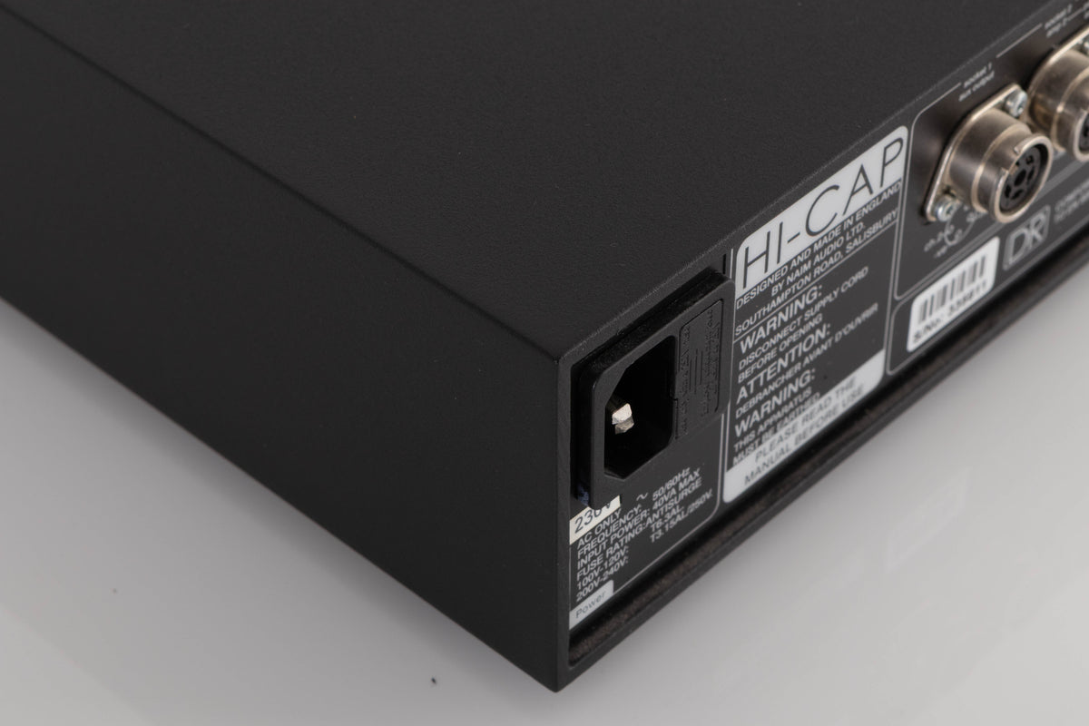 Rear right corner of a used Naim Hicap DR Power Supply in a Black finish
