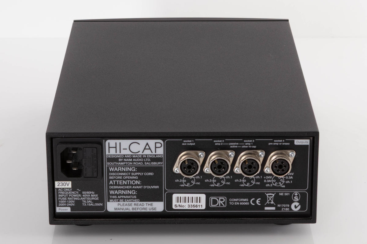 Rear view of a used Naim Hicap DR Power Supply in a Black finish showing Mains Input and XLR Outputs