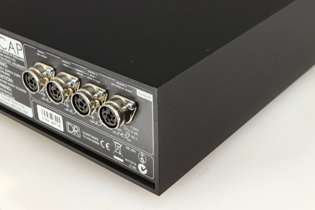 Rear left corner of a used Naim Hicap DR Power Supply in a black finish