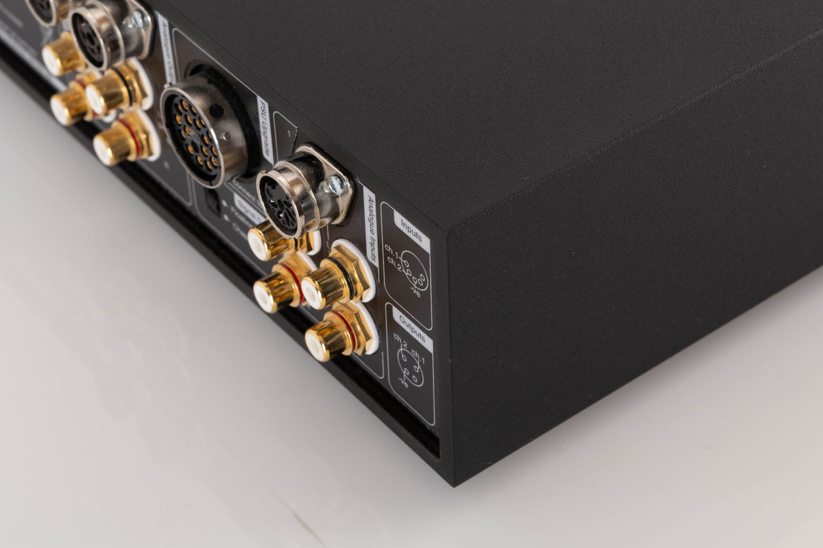 Rear left corner of a used Naim NAC N-272 Pre Amplifier in a Black finish