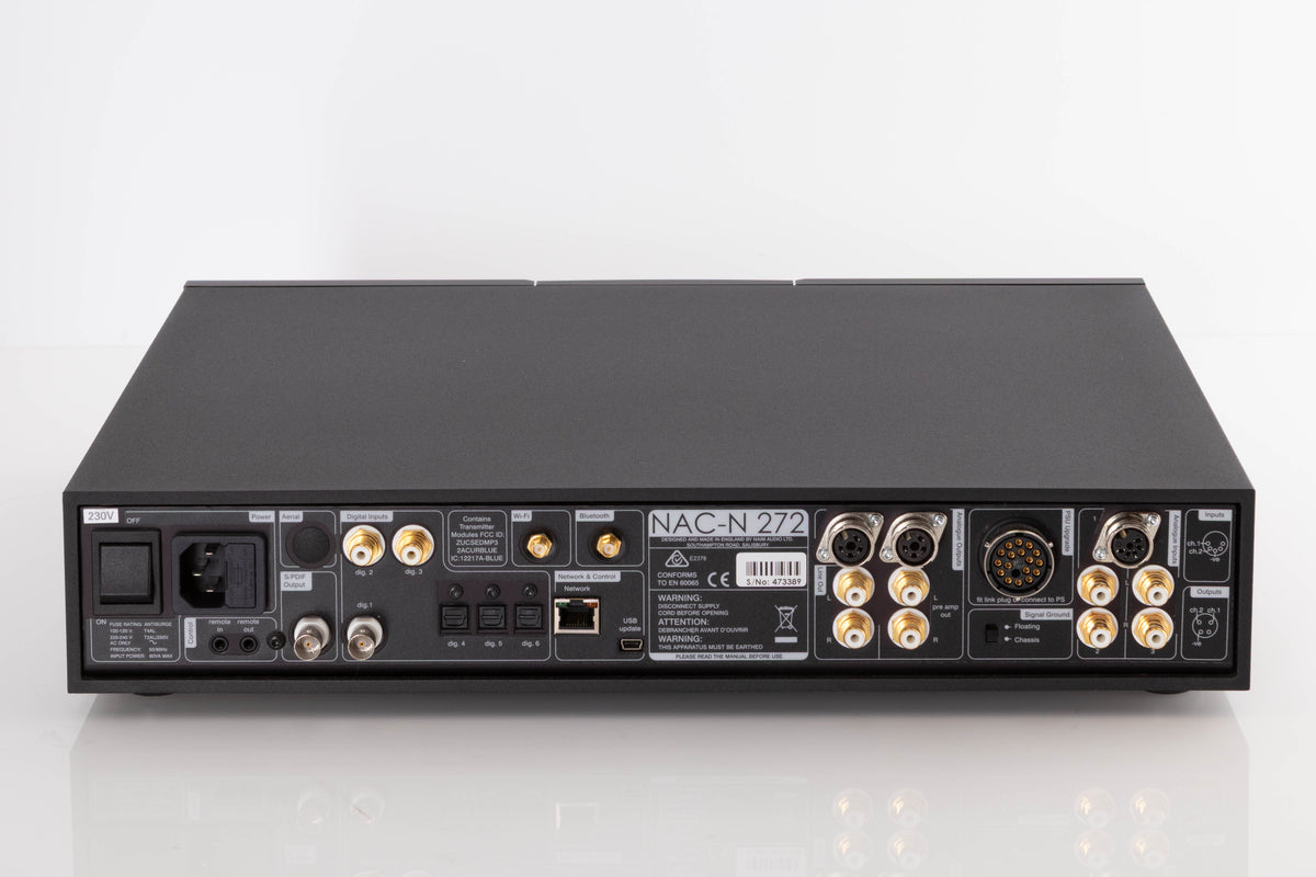 Rear view of a used Naim NAC N-272 Pre Amplifier in a Black finish showing Mains Input, Optical Inputs, Network Input, Analogue Inputs, Analogue Outputs and Digital Inputs