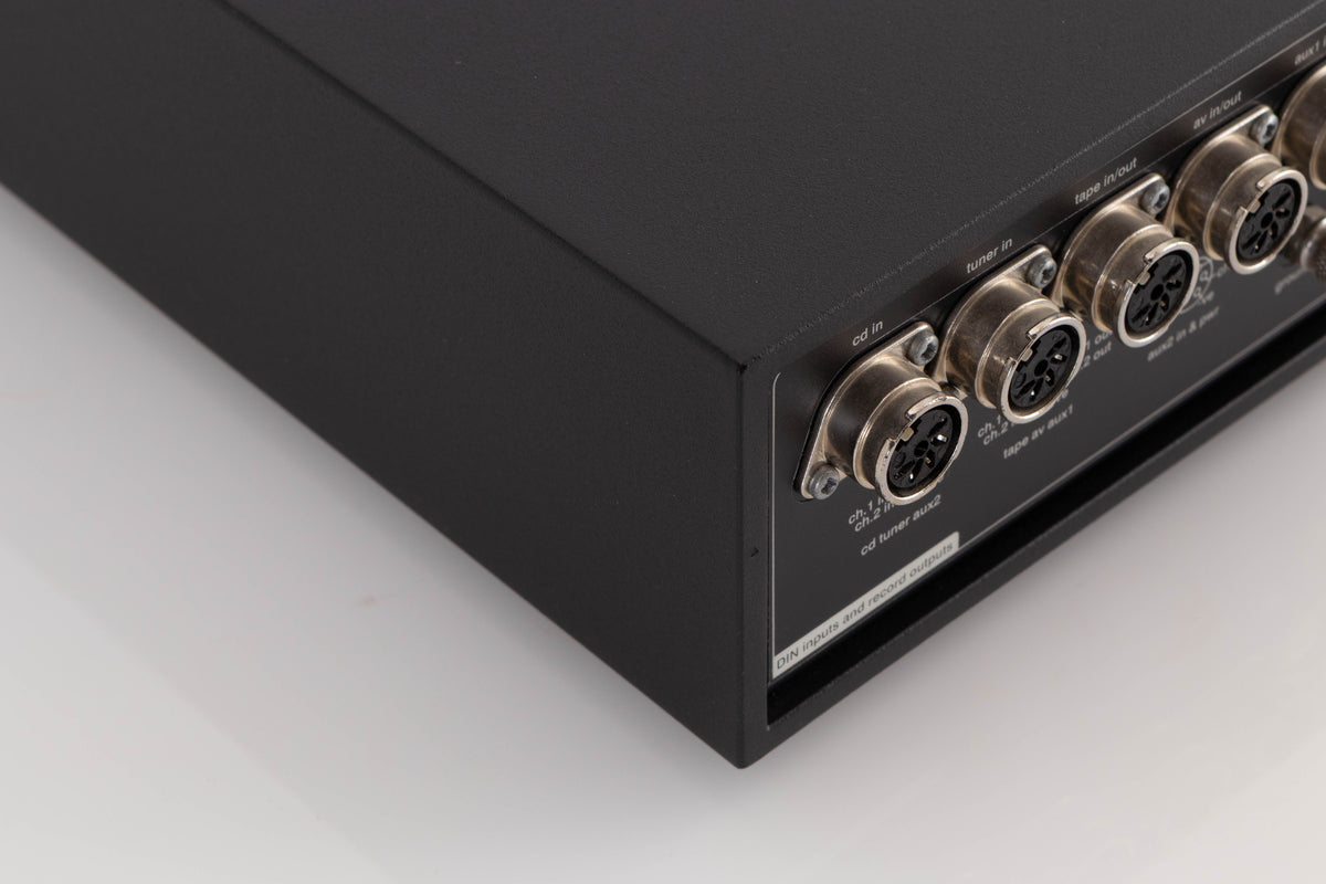 Rear right corner of a used Naim NAC282 Pre Amplifier in a Black finish