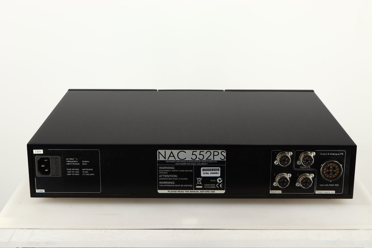 Rear view of a used Naim 552PS Power Supply in a black finish showing Mains Input and DIN Outputs