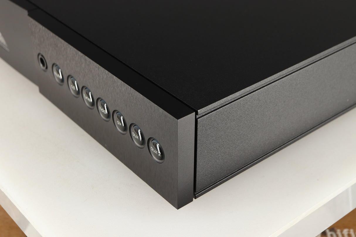 Front right corner of a used Naim Nait XS-2 Integrated Amplifier in a black finish