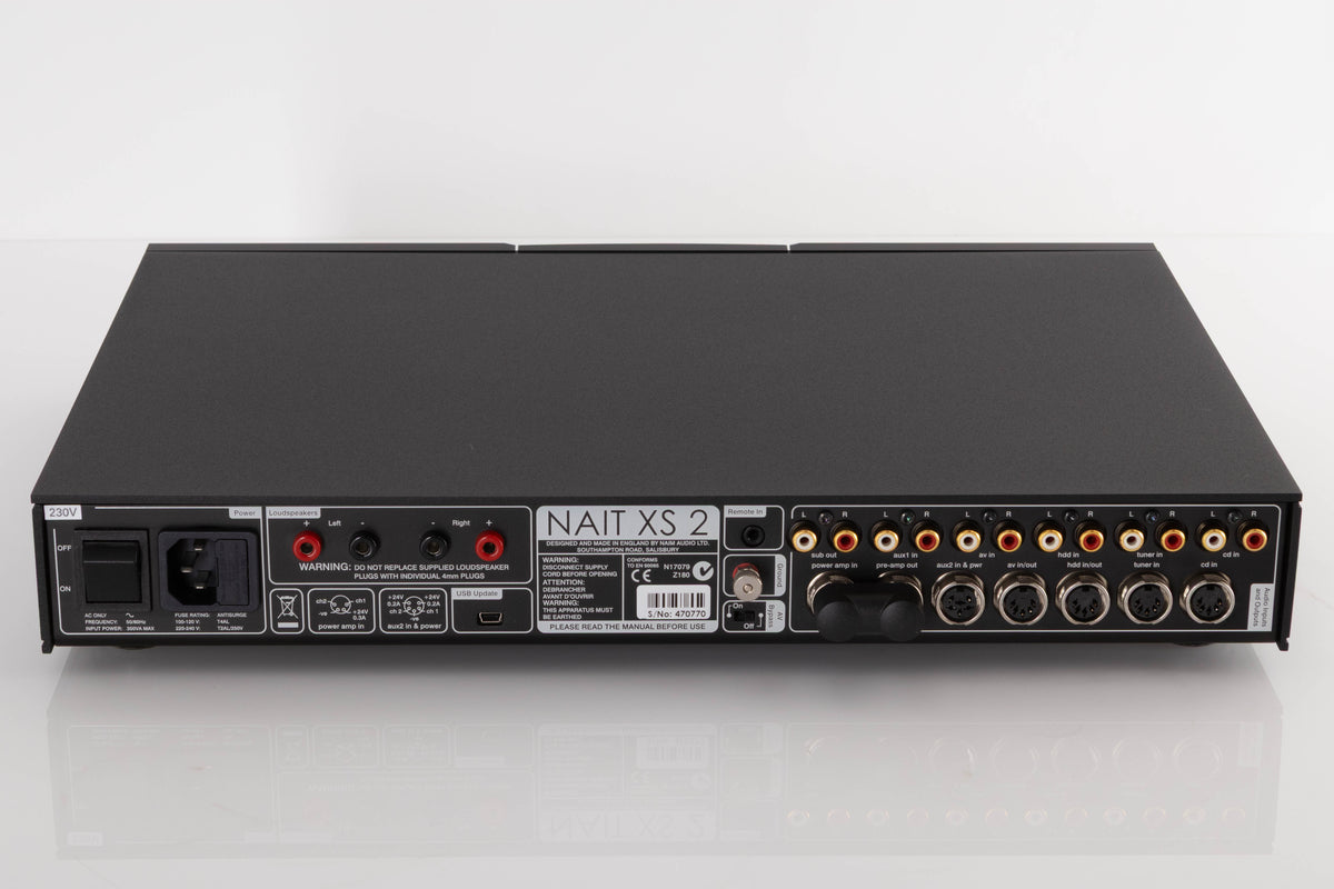 Rear view of a used Naim Nait XS-2 Integrated Amplifier in a Black finish showing Mains Input, USB Input, Audio Inputs and Audio Outputs