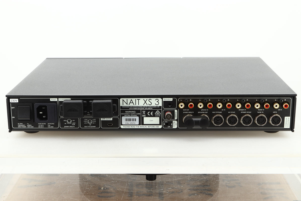 Rear view of a used Naim Nait XS-3 Integrated Amplifier showing Speaker outputs, mains, RCA, and SNAIC inputs