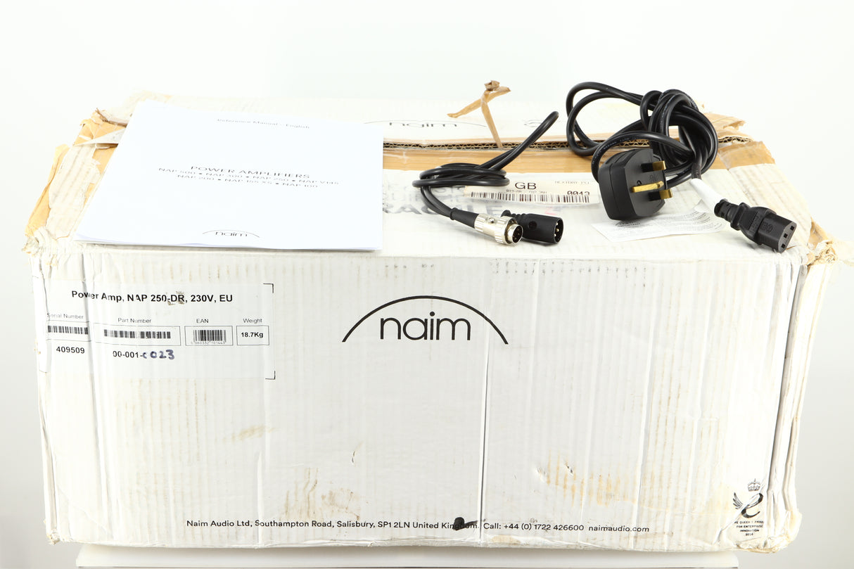 Box for a used Naim NAP 250 Power Amplifier showing Manual, Mains Cable and SNAIC4