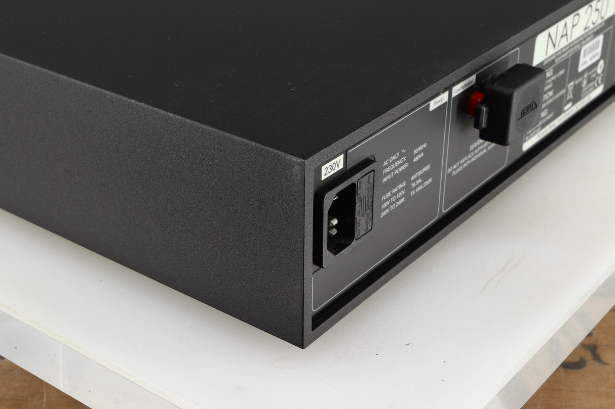 Rear right corner of a used Naim NAP 250 Power Amplifier in a black finish