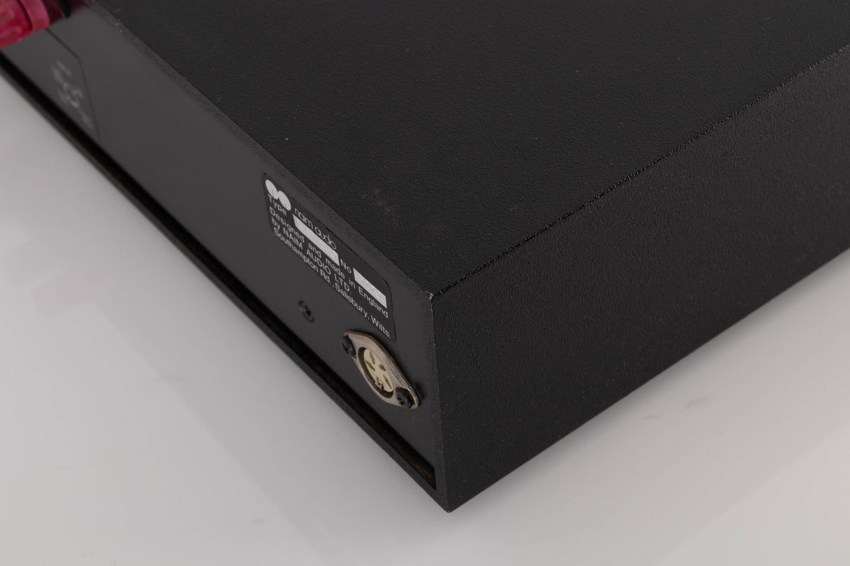 Rear left corner of a used Naim NAP160 Power Amplifier in a Black finish