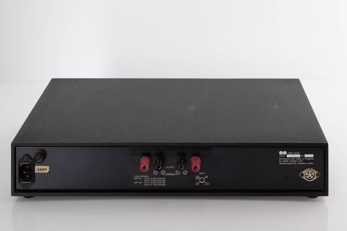 Rear view of a used Naim NAP160 Power Amplifier in a Black finish showing Speaker Outputs and Mains Input