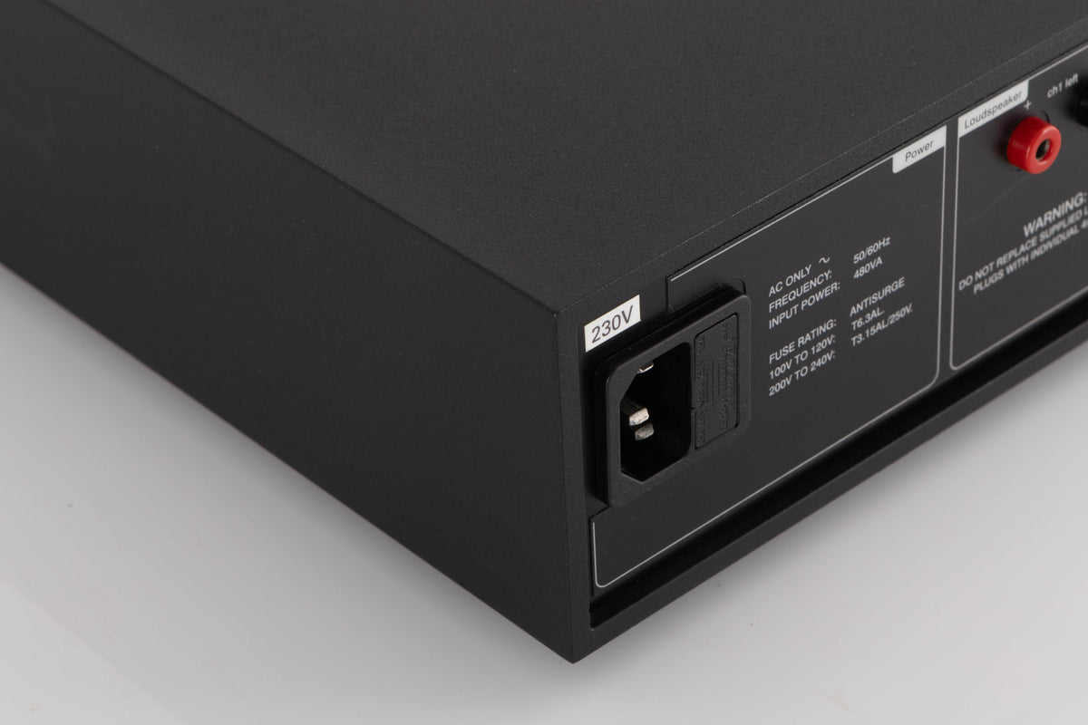 Rear right corner of a used Naim NAP250-2 Power Amplifier in a Black finish