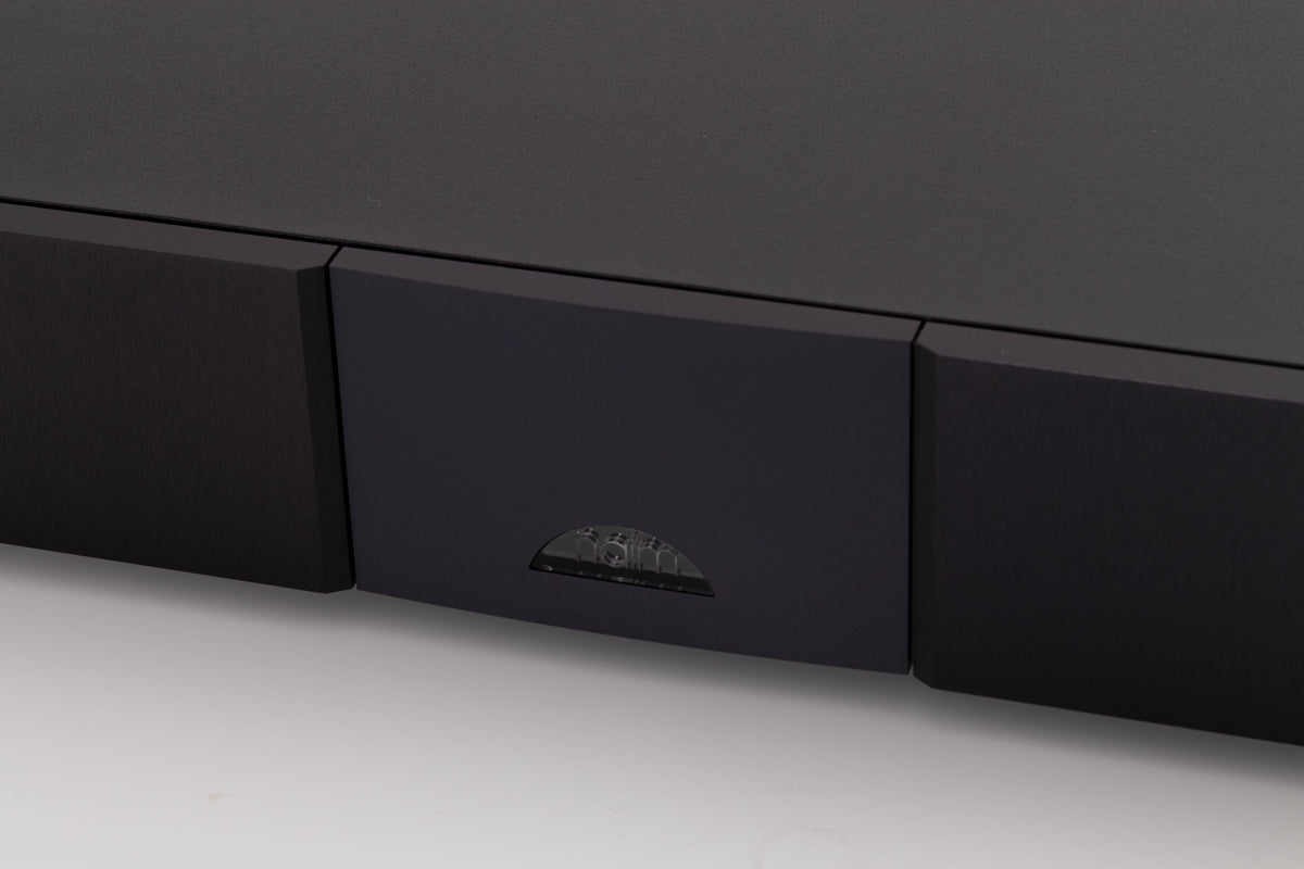 Close up of a used Naim NAP250 DR Power Amplifier in a Black finish showing logo