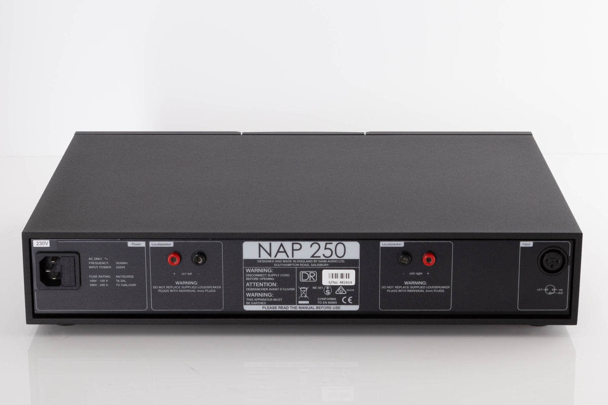 Rear view of a used Naim NAP250 DR Power Amplifier in a Black finish showing XLR Input and Mains Input