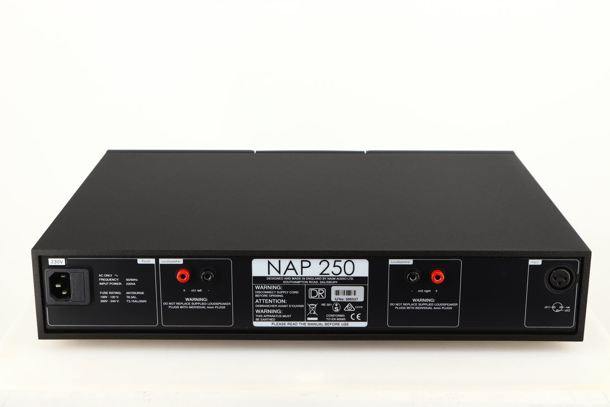 Rear view of a used Naim NAP250 DR Power Amplifier in a black finish showing Speaker Outputs, XLR Input and Mains Input