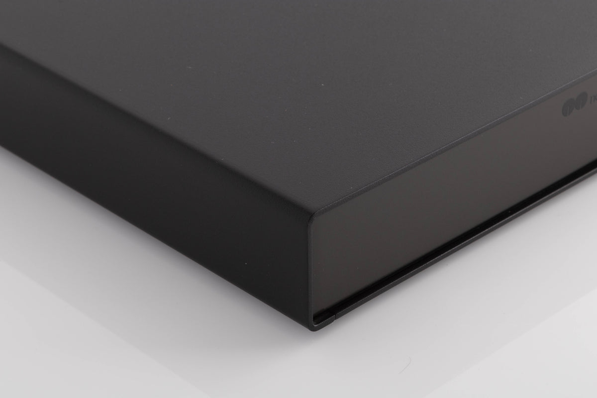 Front left corner of a used Naim NAP90 Power Amplifier in a Black finish