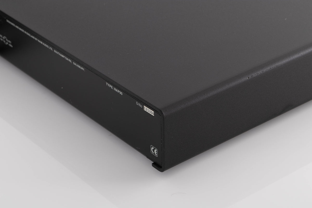 Rear left corner of a used Naim NAP90 Power Amplifier in a Black finish
