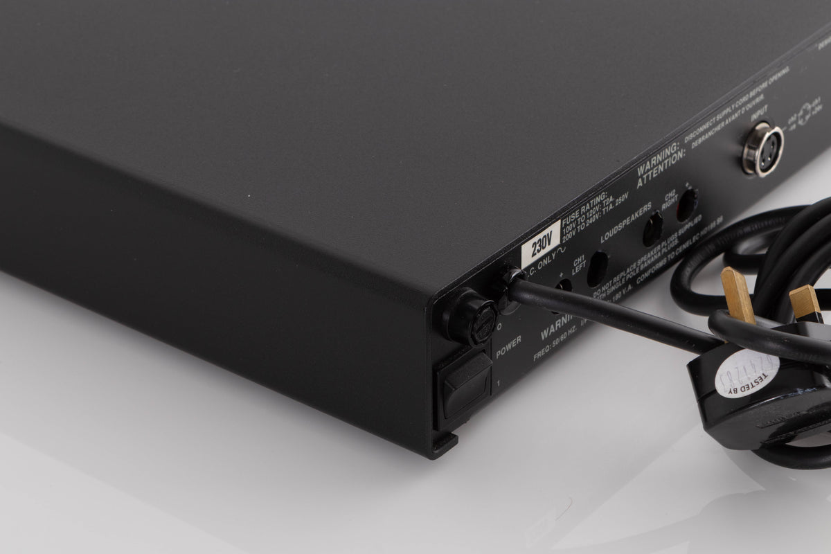 Rear right corner of a used Naim NAP90 Power Amplifier in a Black finish