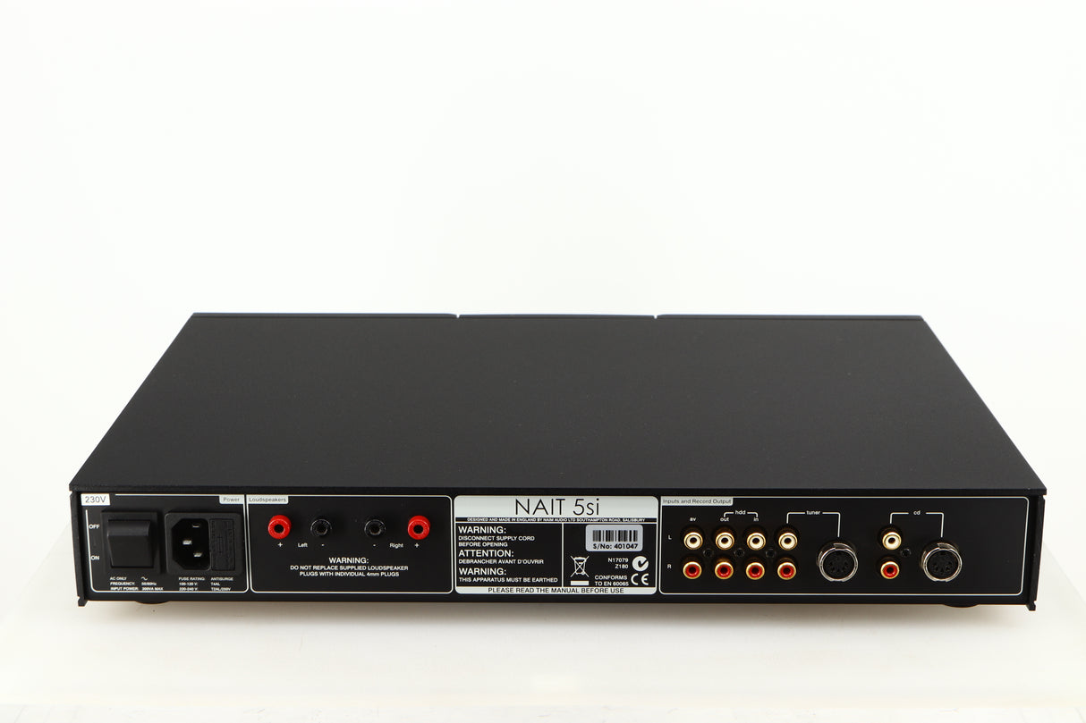 Rear view of a used Naim Nait 5si Integrated Amplifier in a black finish showing Phono Inputs, Phono Outputs and Mains Input