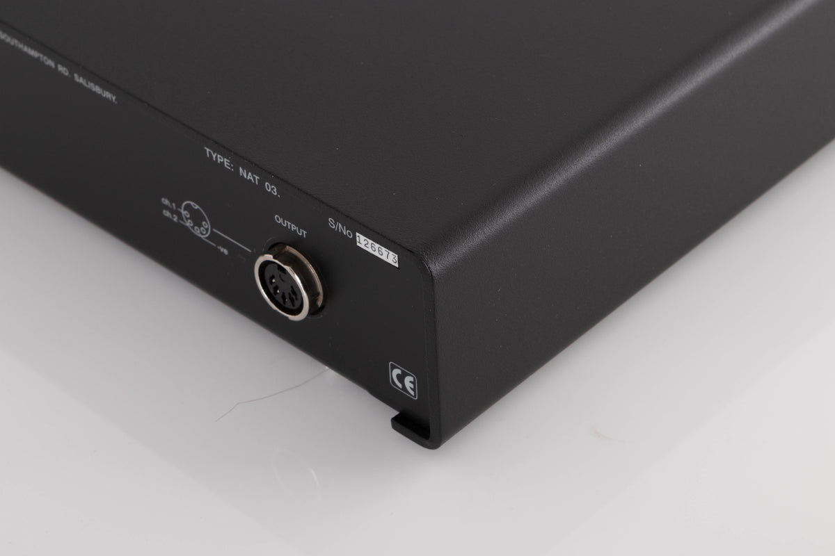 Rear left corner of a used Naim NAT03 FM Tuner in a Black finish