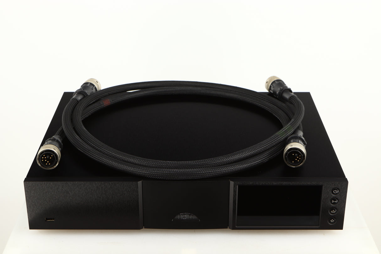 Top of a used Naim ND555 Media Player in a black finish showing 2x Burndy Cables