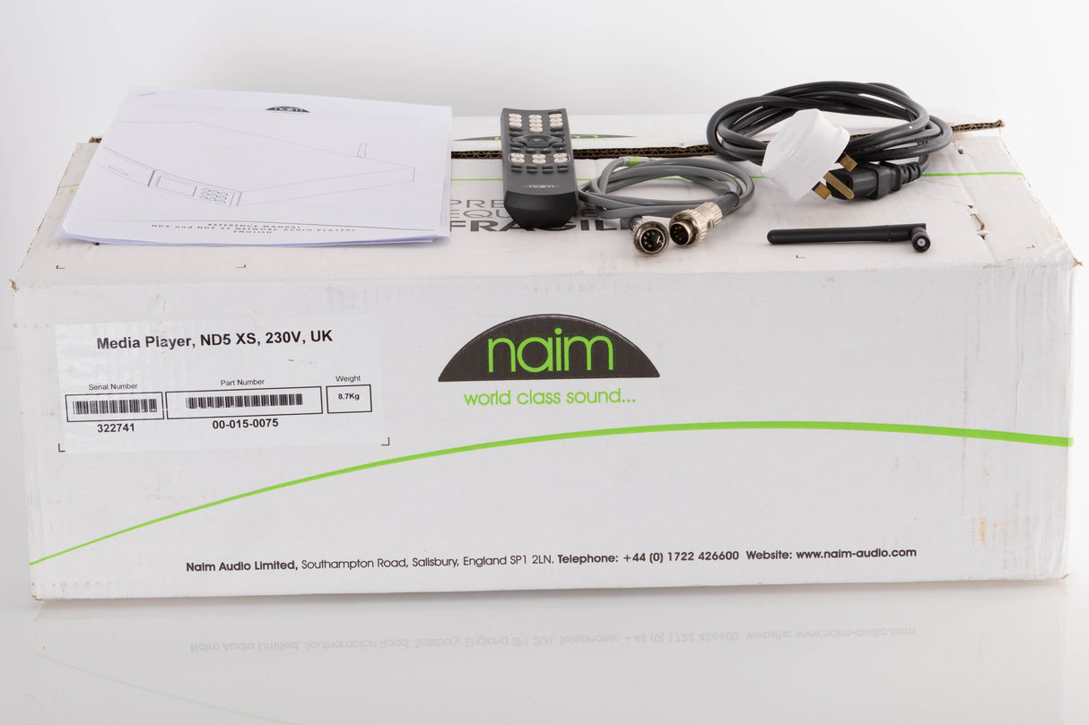 Box of a used Naim ND5XS Streamer with mains cable, remote, SNAIC, and antenna