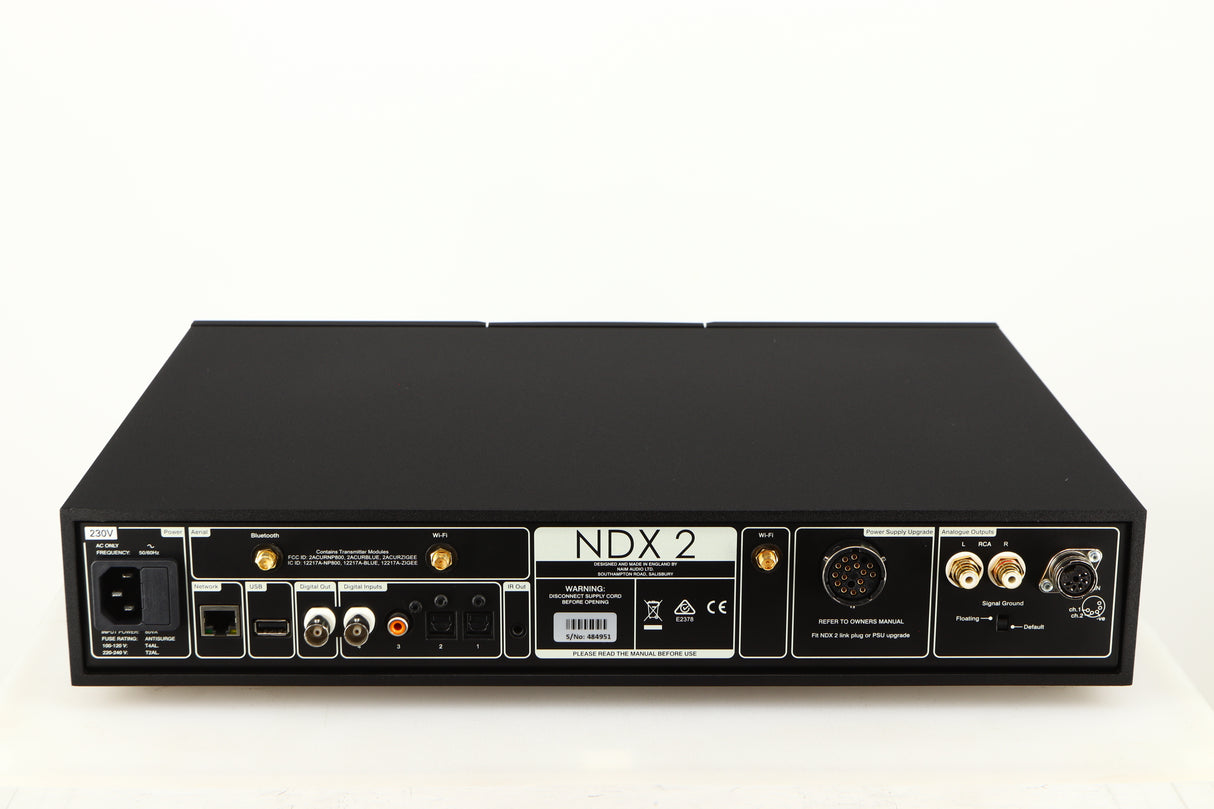 Rear view of a used Naim NDX2 Network Streamer in a black finish showing Mains Input, USB Input, Network Input, Phono Outputs, Optical Inputs and XLR Output
