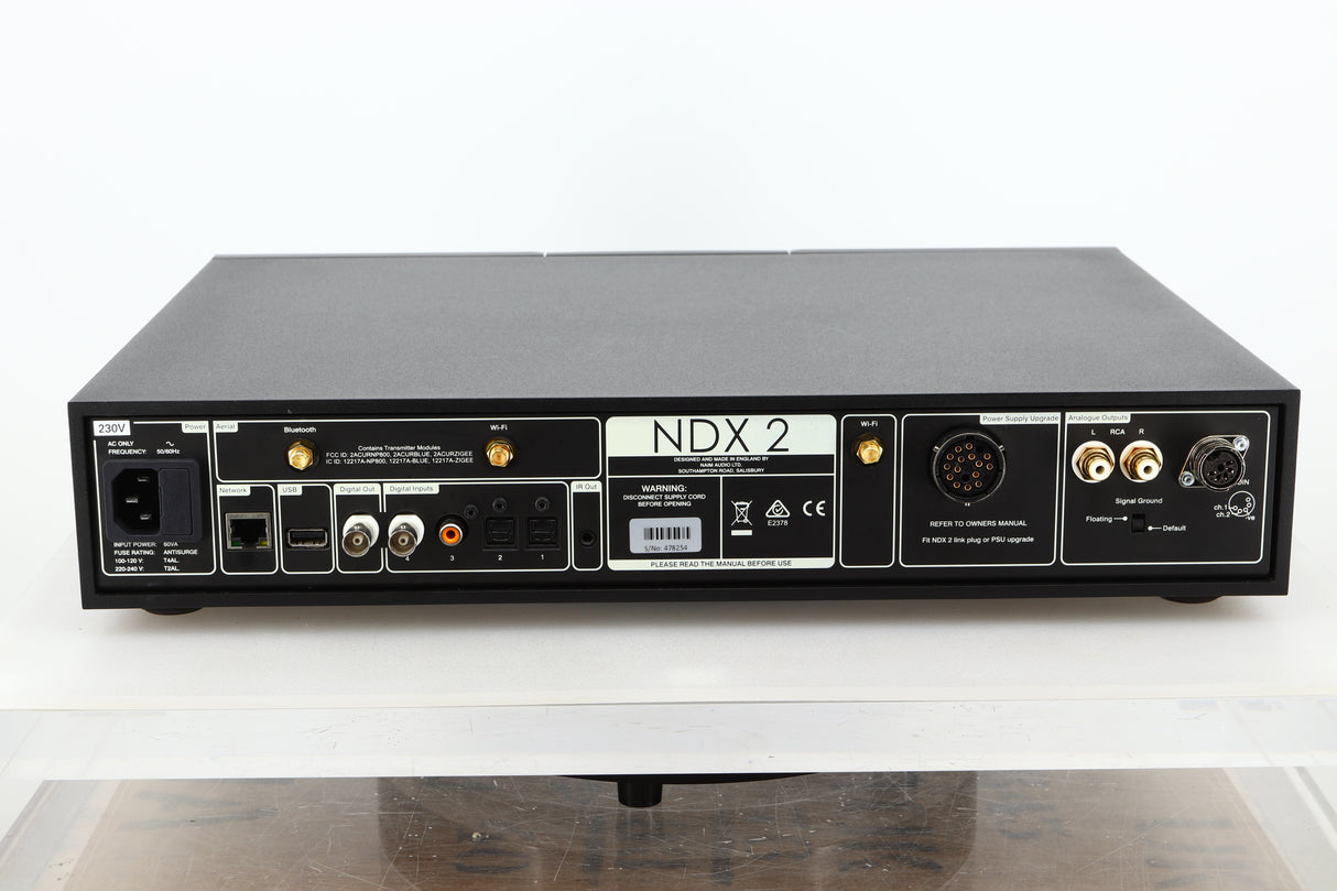Rear view of a used Naim NDX2 Streamer showing mains input, ethernet, USB, optical, BNC, burndy, RCA, and SNAIC outputs