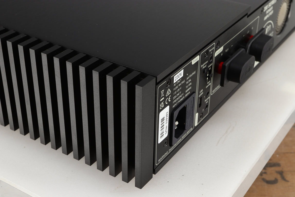 Rear right corner of a used Naim New Classic NAP250 Power Amplifier in a black finish