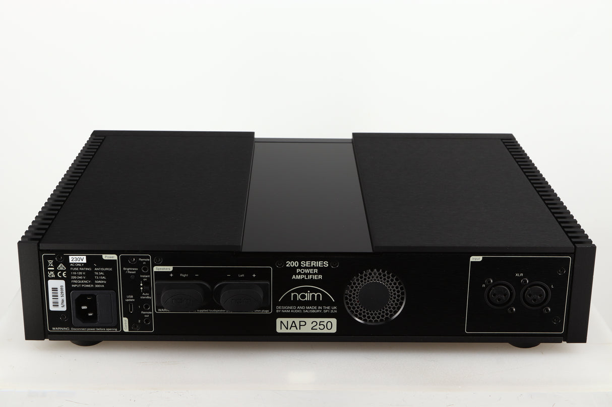 Rear view of a used Naim New Classic NAP250 Power Amplifier in a black finish showing Mains Input and XLR Inputs