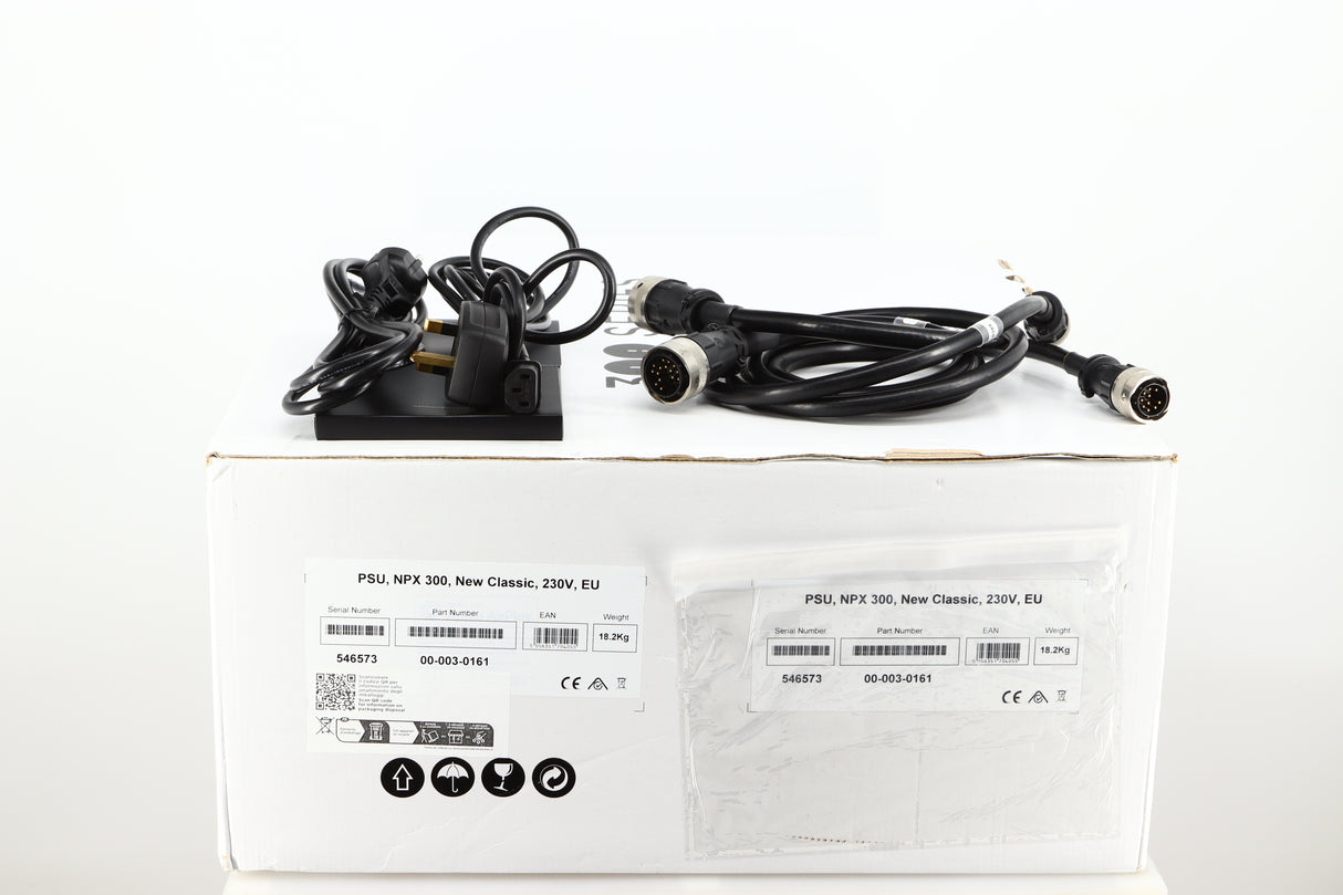 Box for a used Naim NPX300 Power Supply showing Manual, Mains Cable, Schuko Cable and Burndy Cables