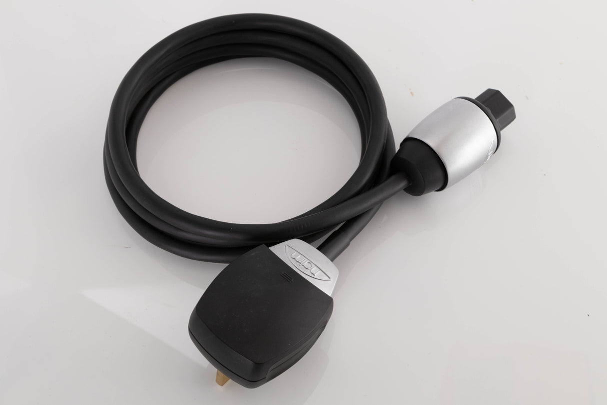 Close up of a used Naim Powerline Mains Cable showing plug