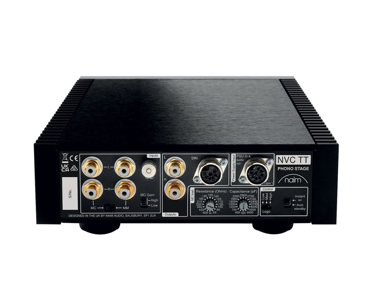 Rear view of a Naim NVC TT Phonostage in a black finish showing Phono Inputs and Power Supply Input