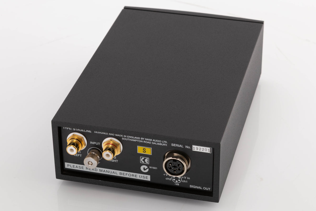 Close up of a used Naim Stageline S Phonostage in a Black finish showing rear